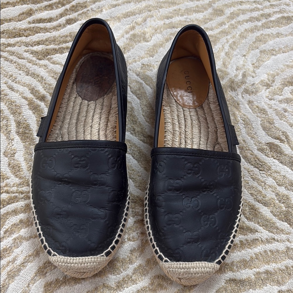 Gucci Black Leather Espadrille Loafers for Women AUTHENTIC
